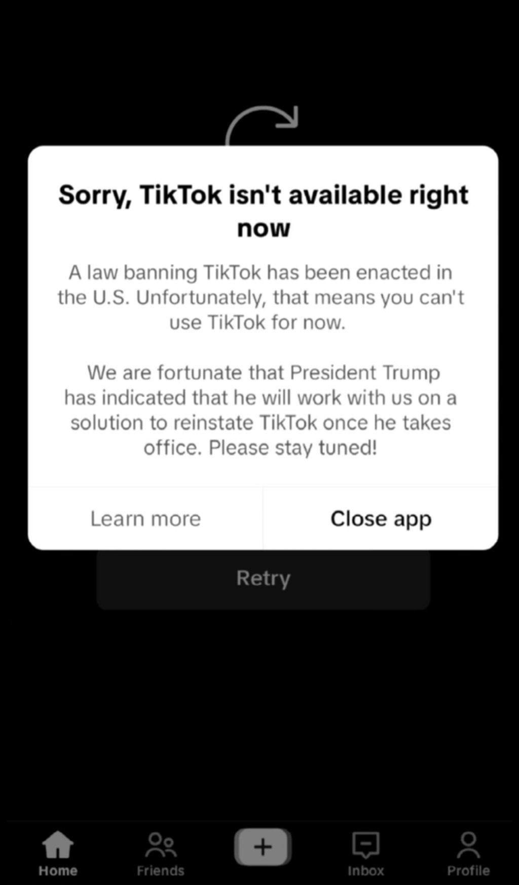 Sorry, TikTok isn't available right now notification in US