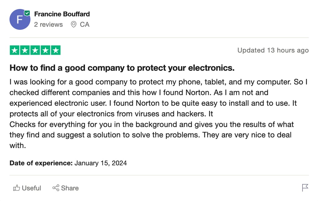In a Trustpilot review, a customer discusses Norton antivirus's ease of use and functionality