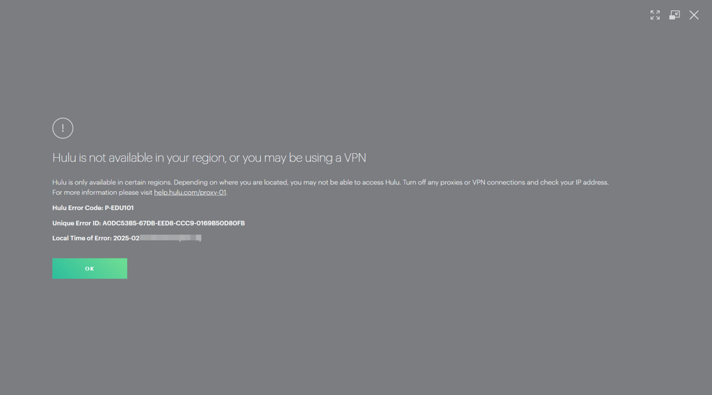 hulu is not available in your region or you may be using a vpn
