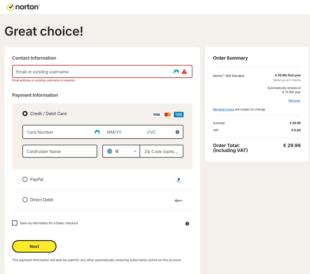 Complete purchasing Norton