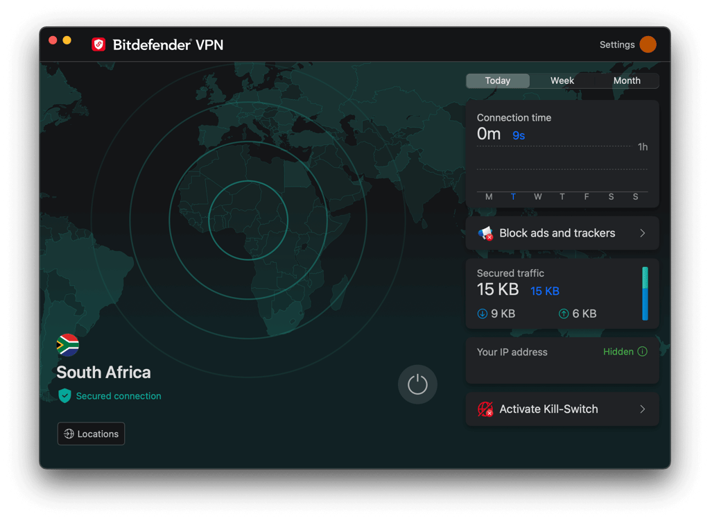 Bitdefender VPN connected to South Africa