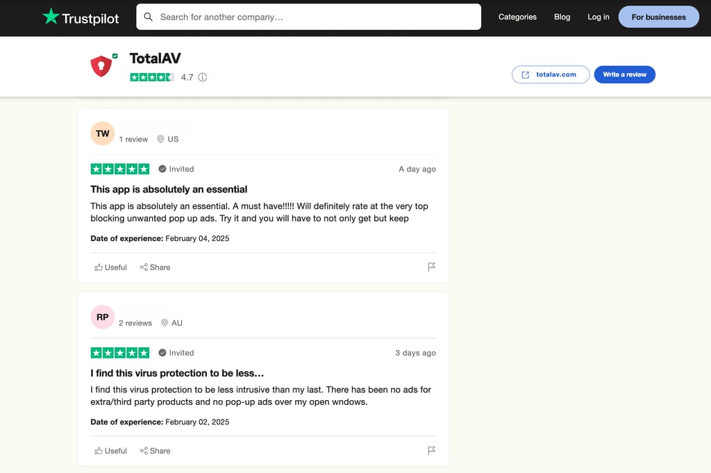 TotalAV Trustpilot reviews