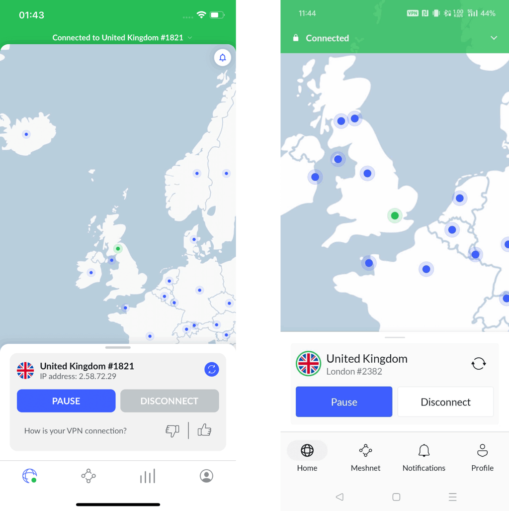 McAfee VPN and NordVPN mobile apps side by side