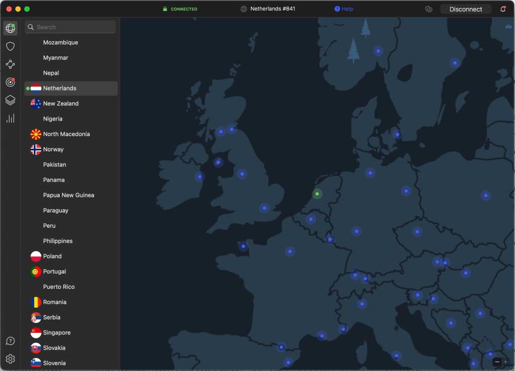 Connected to a NordVPN server in Amsterdam to unblock Ziggo GO TV