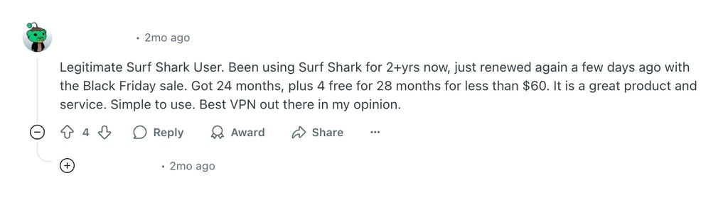 Surfshark VPN recommendation on Reddit