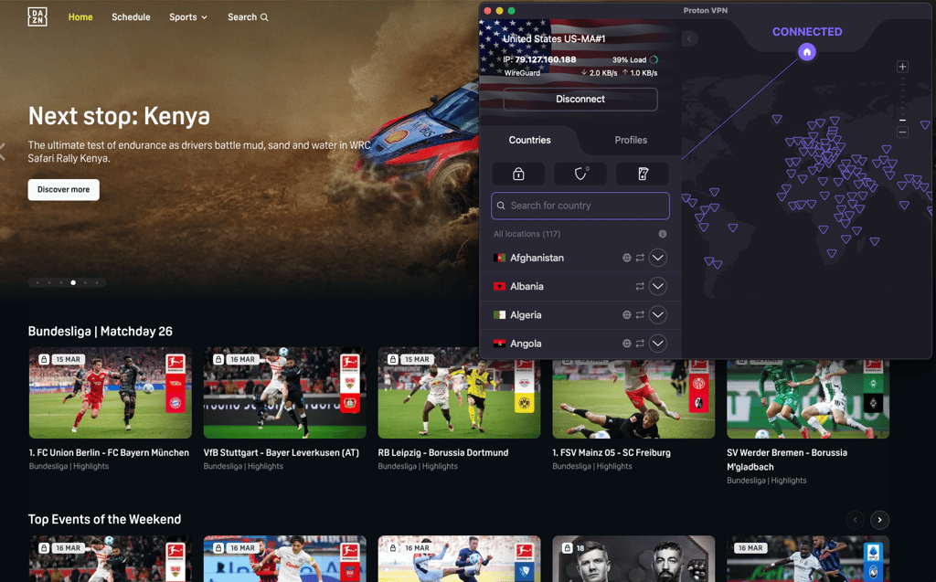 Proton VPN accesses DAZN streams