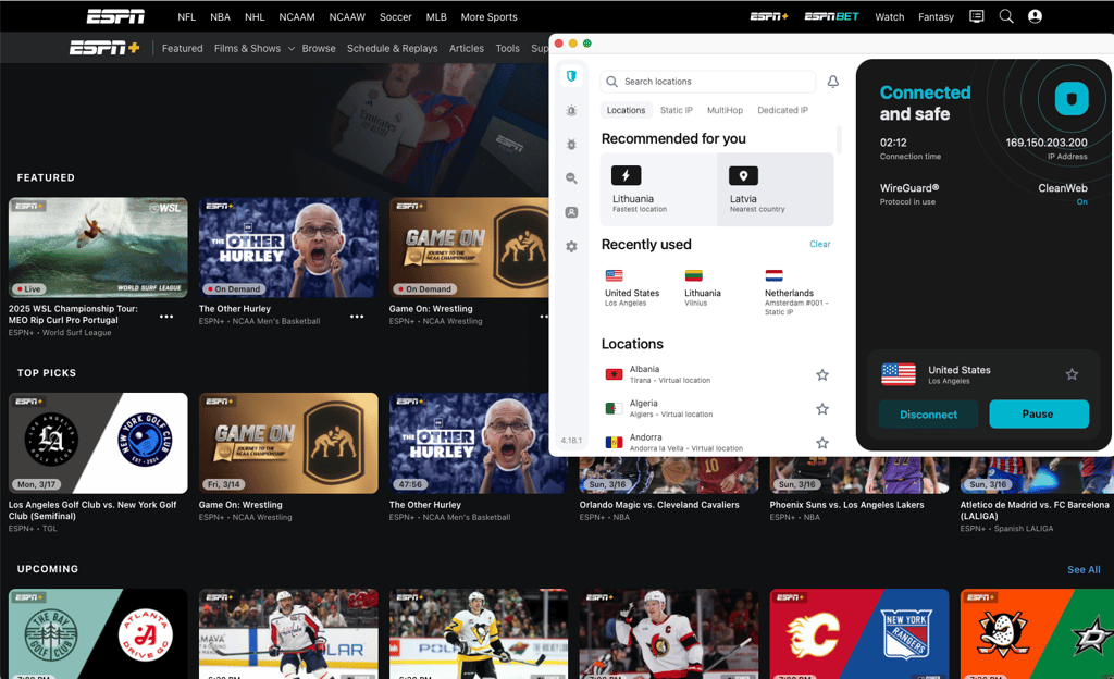Surfshark VPN accesses ESPN+ streaming