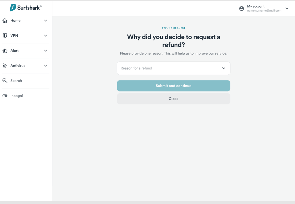 Filling in Surfshark refund request