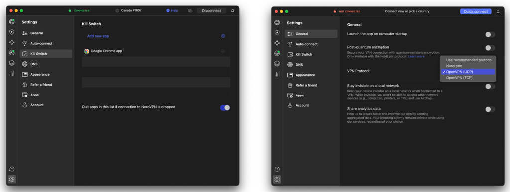 Turn on the kill switch and OpenVPN protocol