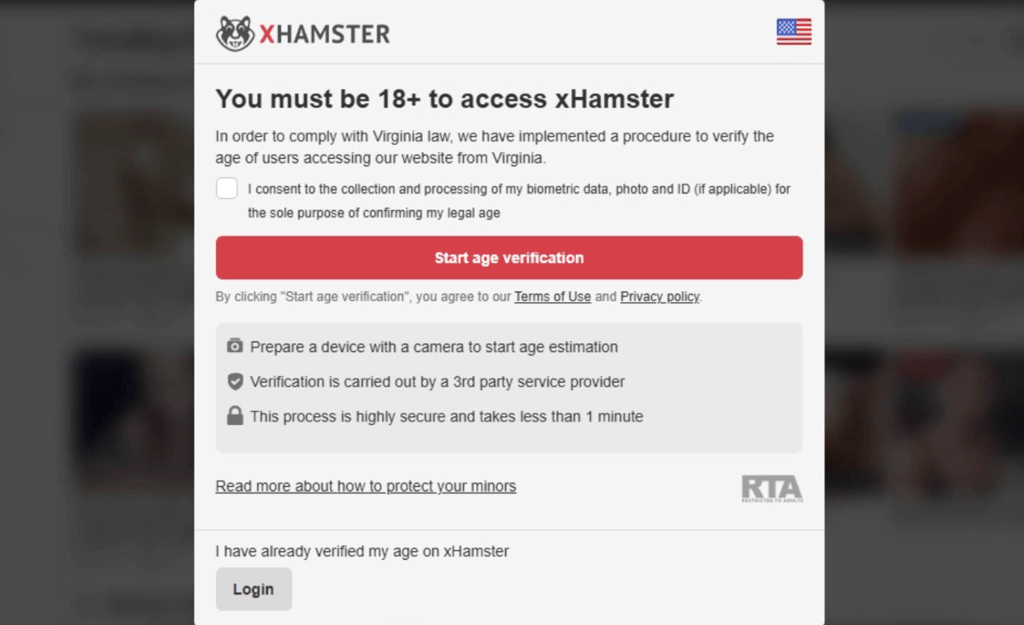 Age-verification notification for the xHamster site