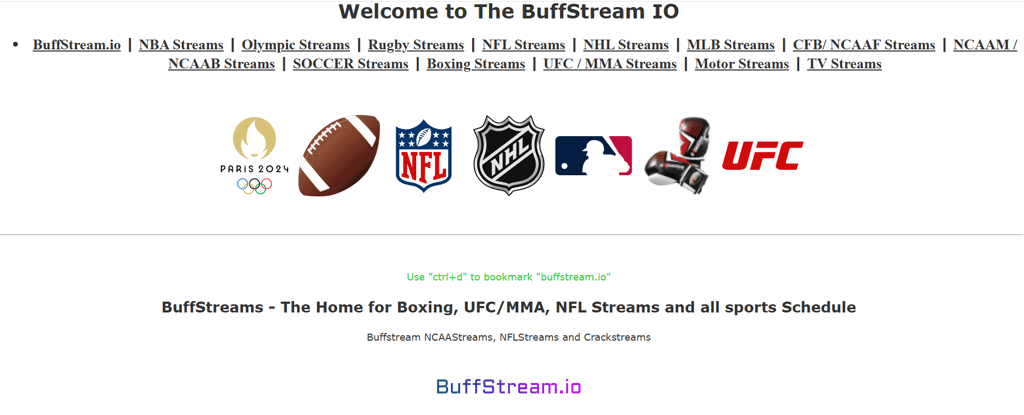 Buffstream home page with sports options