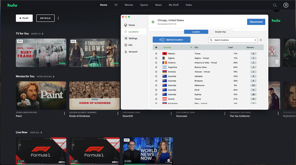 Hulu content unlocked through IPVanish US location