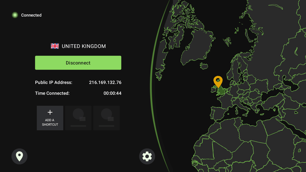 IPVanish connected to the UK on Android TV box