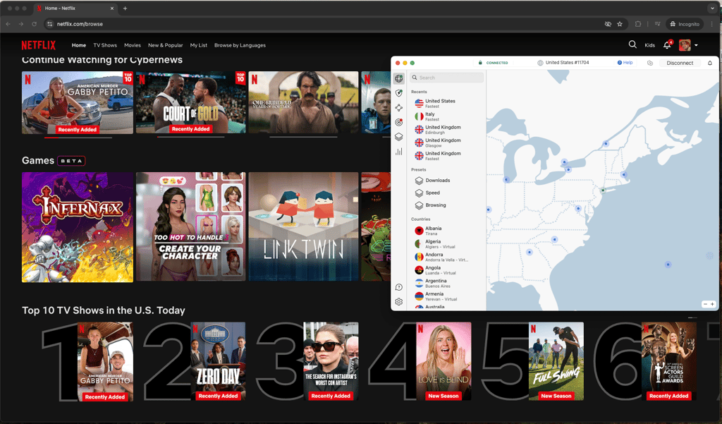 Netflix libraries unblocked through NordVPN locations