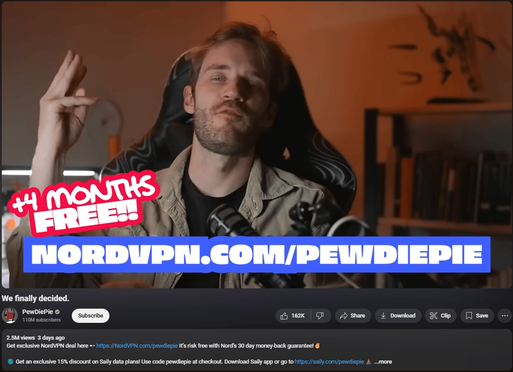 PewDiePie NordVPN endorsement