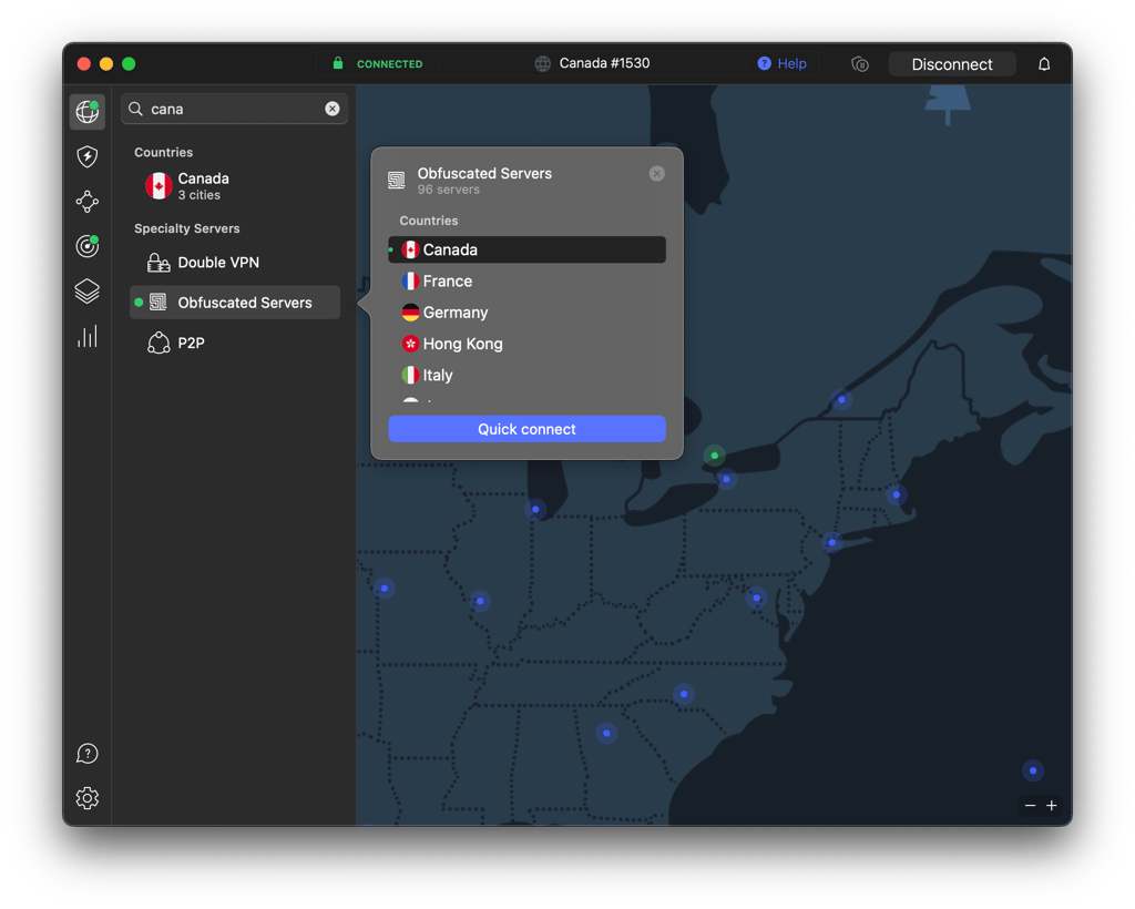 Connect to a Canada server
