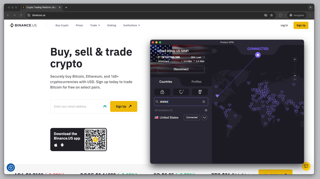 Securely accessing Binance with a connection from Proton VPN