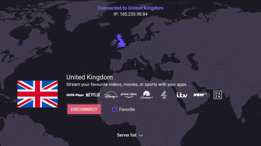 ProtonVPN connected to UK on Android TV box