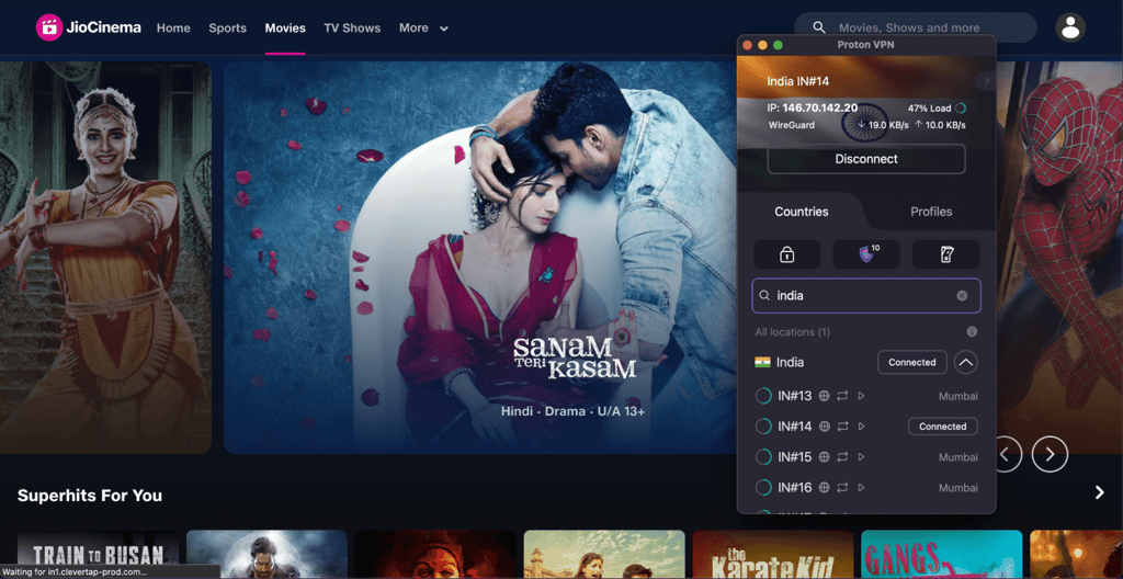 Accessing JioCinema with ProtonVPN