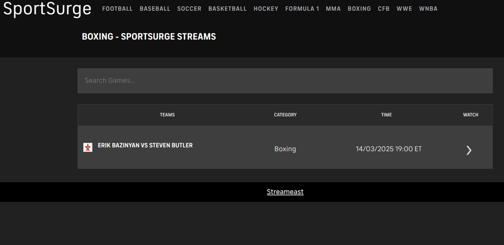 SportSurge boxing streams section upcoming fight