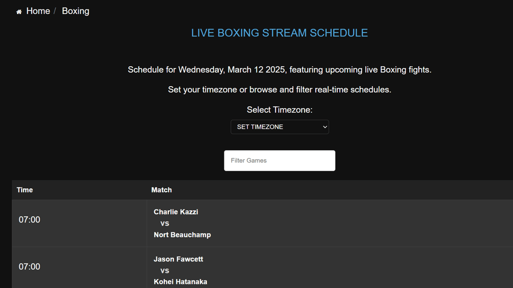 Stream2Watch boxing section with upcoming fight