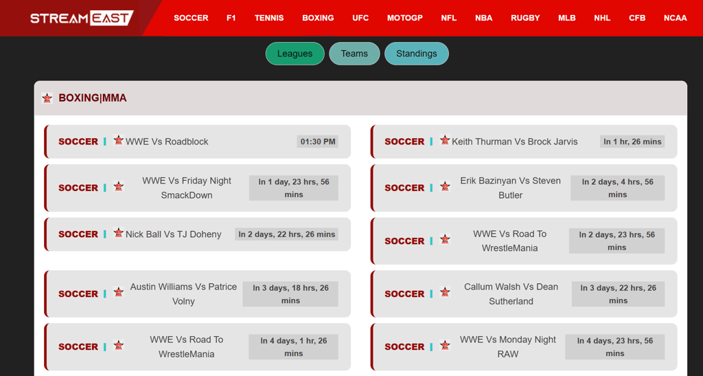StreamEast boxing page interface