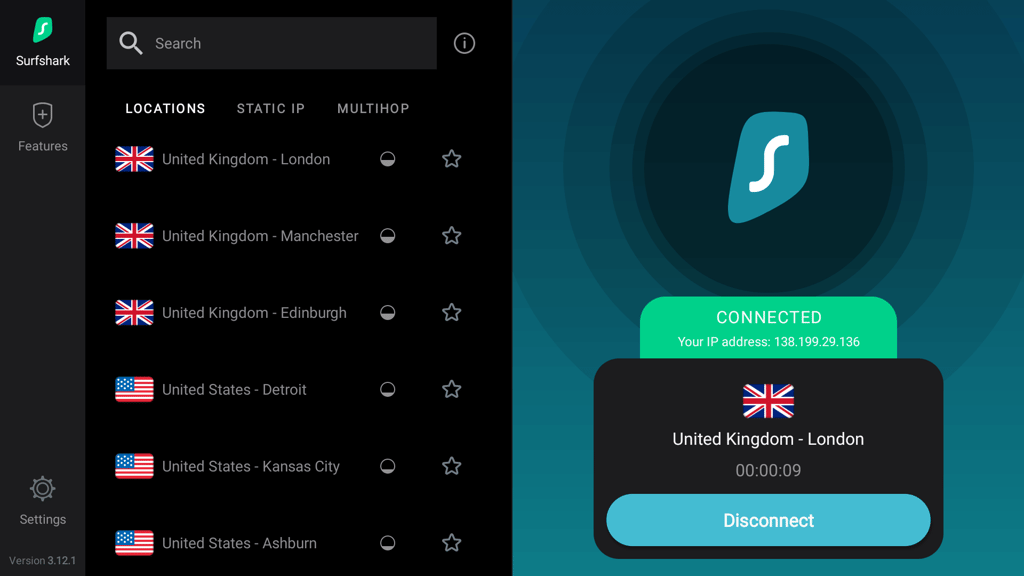 Surfshark connected to UK on Android TV box