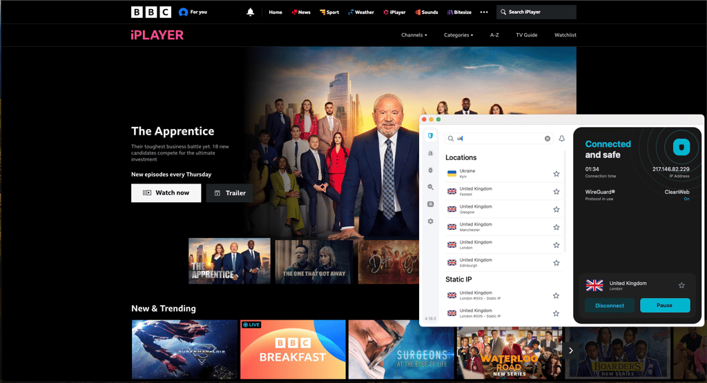 BBC iPlayer access unblocked through Surfshark location settings