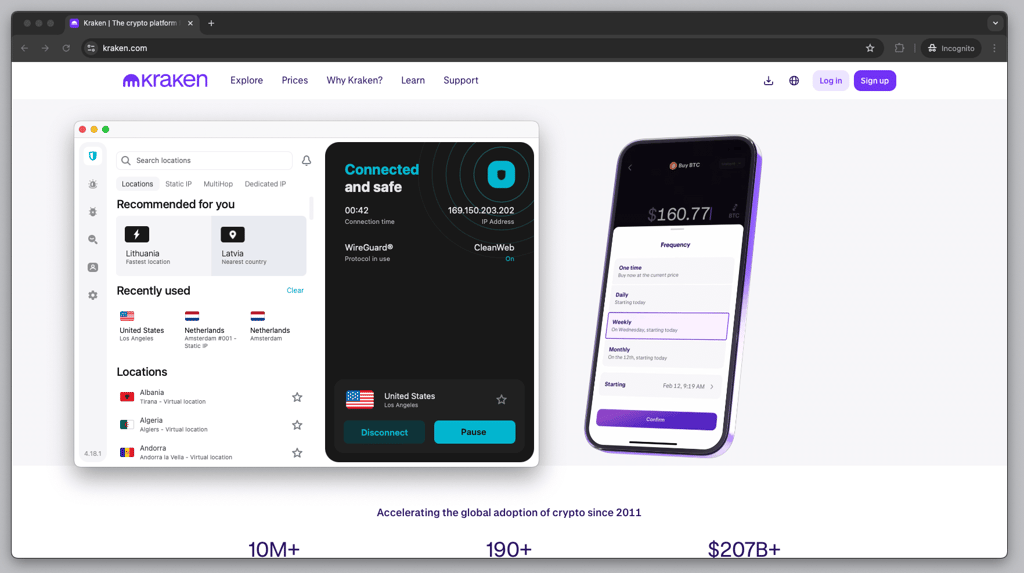 Connecting securely to Kraken using Surfshark VPN