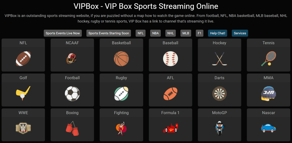 VIPBox Sports sports categories page