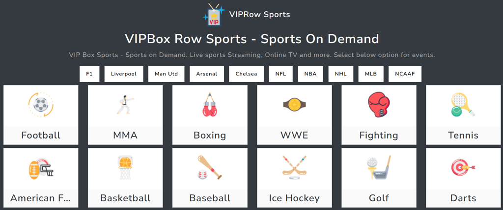 VIPBox Sports home page with sports categories
