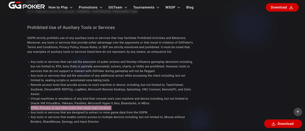 GGPoker prohibits VPN use