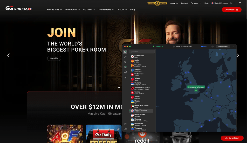 GGPoker unblocked with NordVPN server