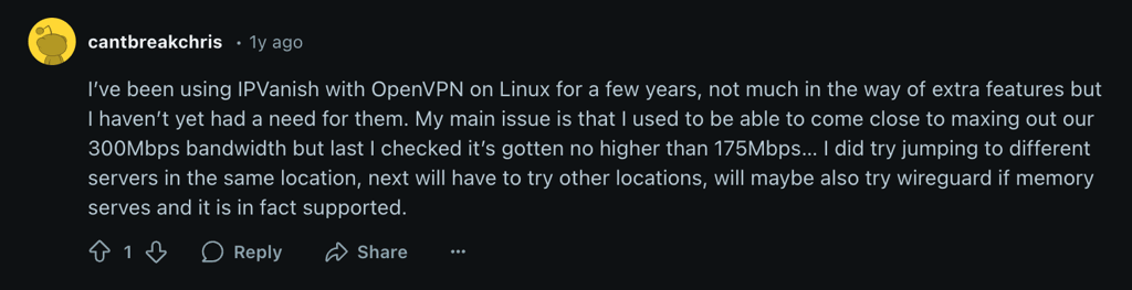 Reddit comment on IPVanish on Linux