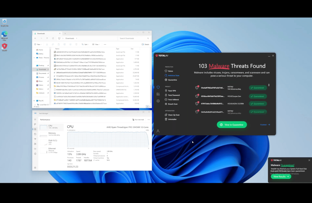 TotalAV's live full scan detecting malware threats
