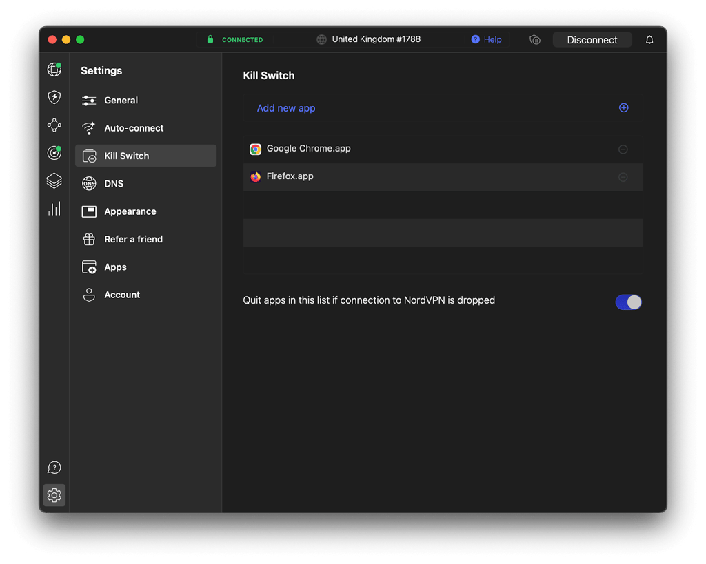 Activating NordVPN Kill Switch