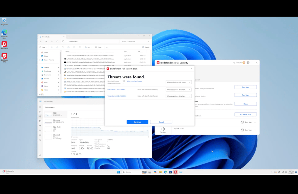 Bitdefender's live full scan finding threats