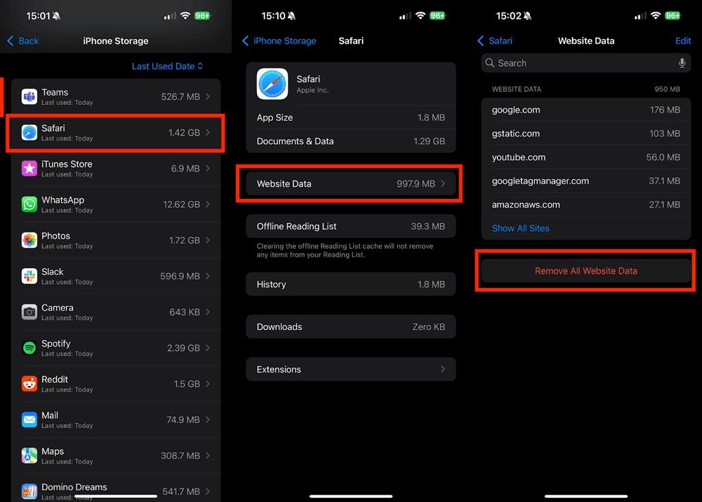 clear website data in Safari on iOS
