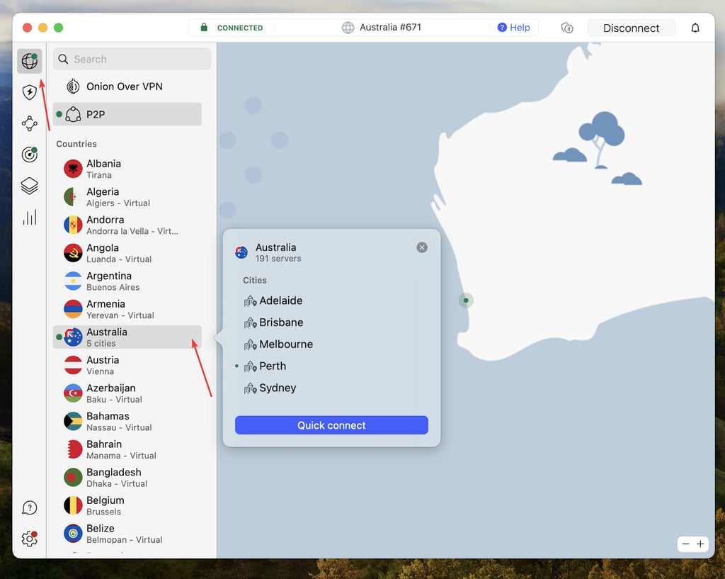 Selecting and connecting to one of NordVPN servers