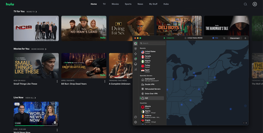 NordVPN accesses Hulu libraries