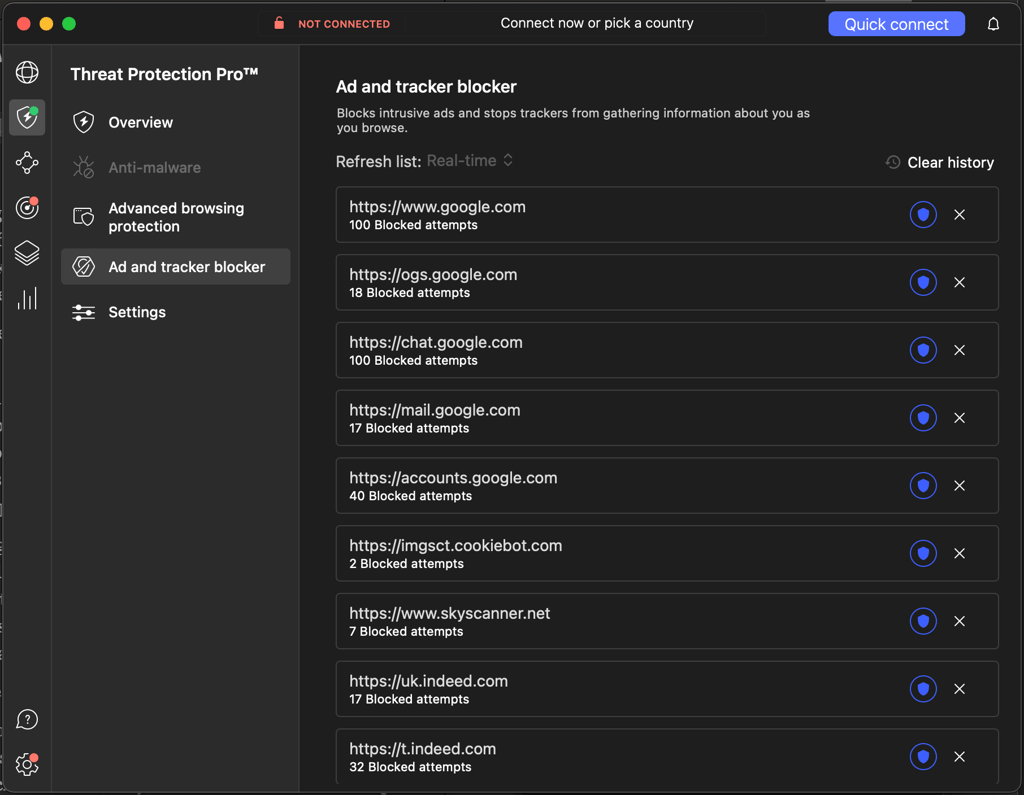 A list of blocked ad and tracker attempts on various websites