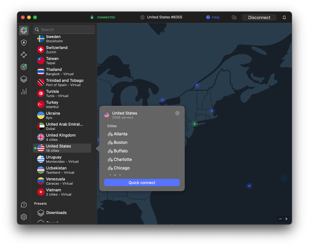NordVPN app interface showing US server selection