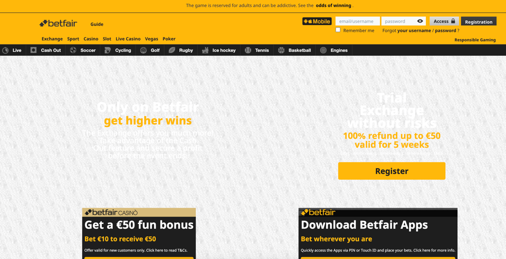 Place bets on Betfair
