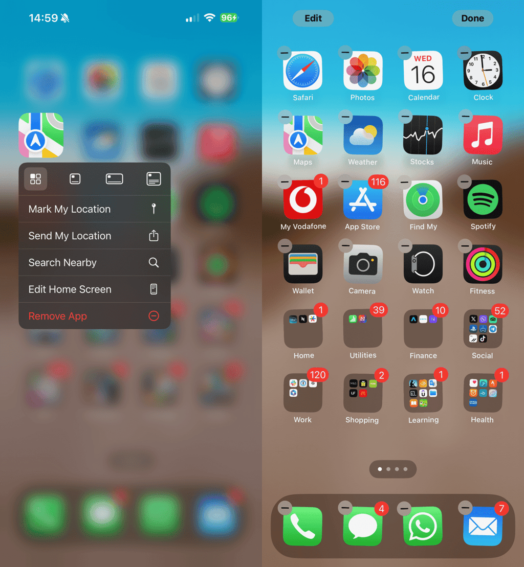 Remove apps on an iPhone by long pressing the app or using the contextual menu