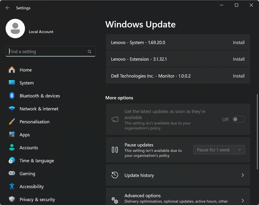 Windows 11 updates section
