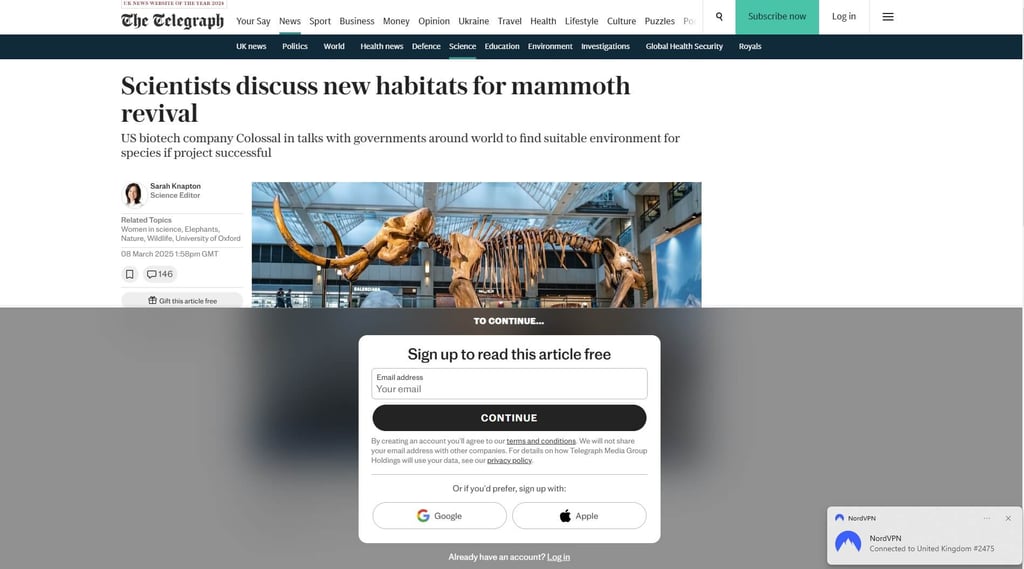 The Telegraph paywall bypassed with NordVPN