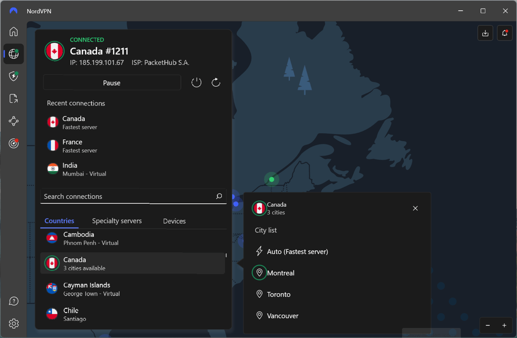 NordVPN app with Canadian server locations