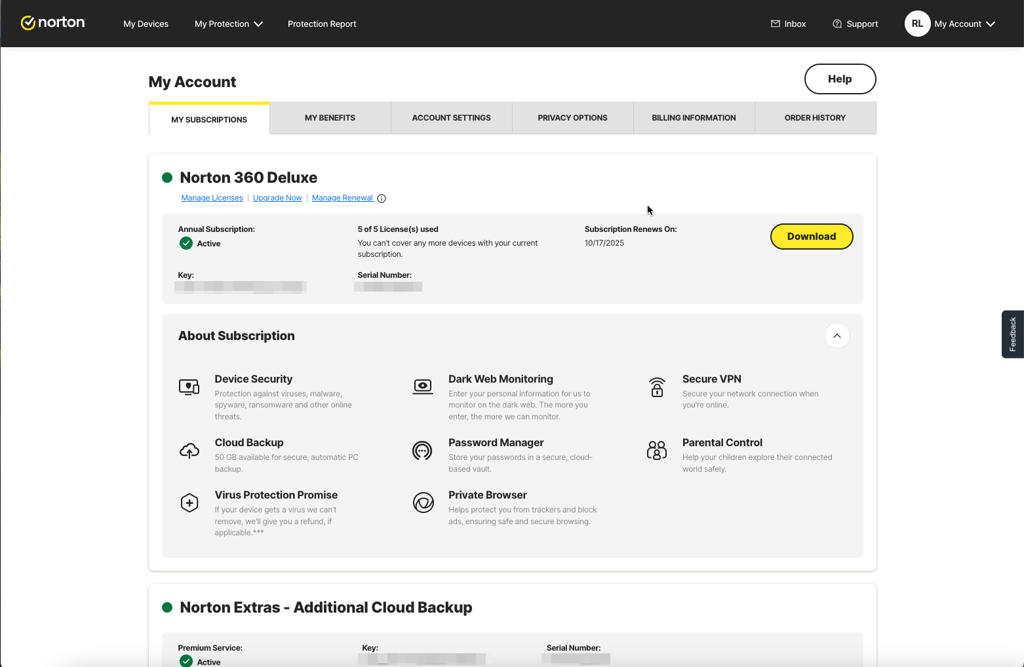 Norton account management section