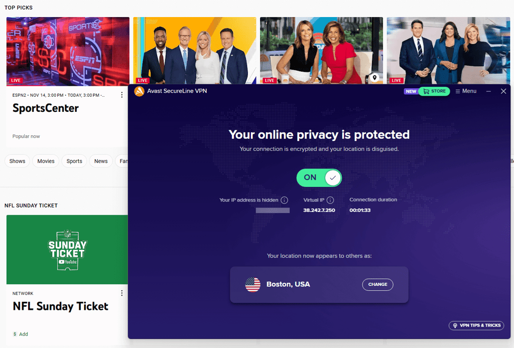 Avast VPN unblocking YouTube TV