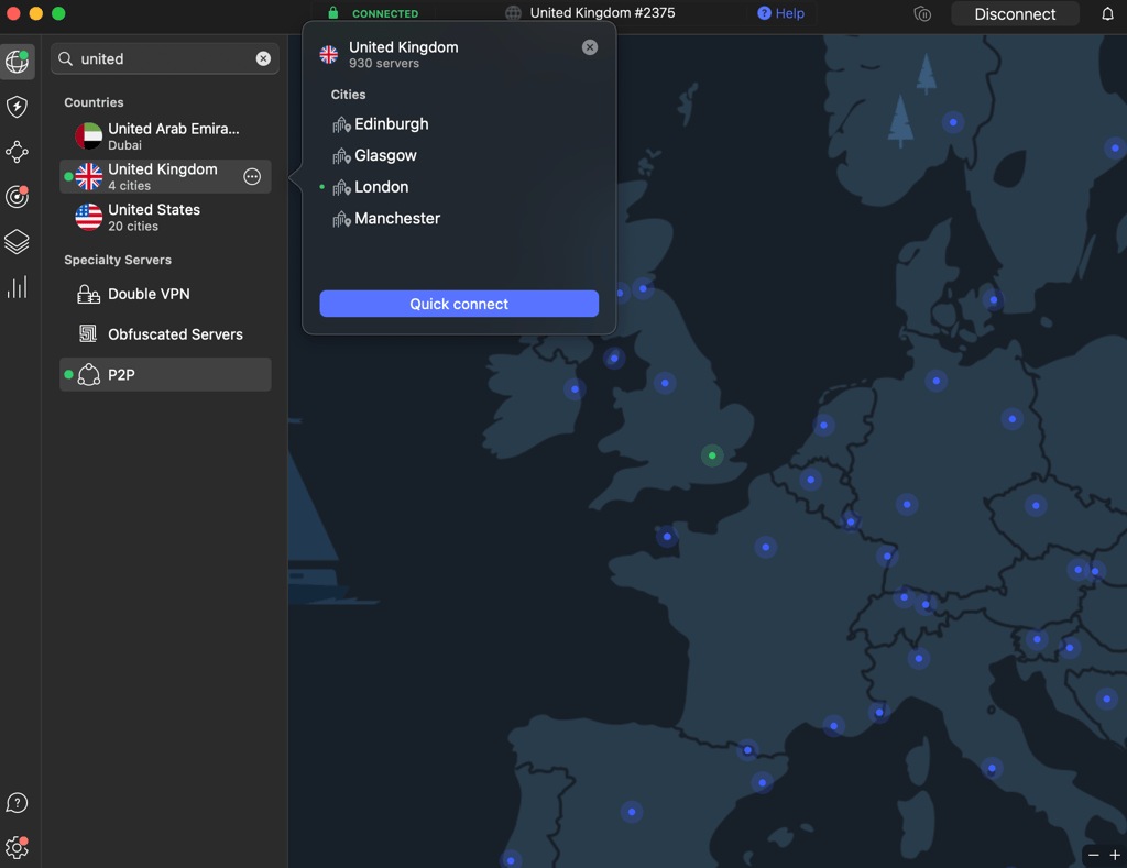 NordVPN connected to the London server
